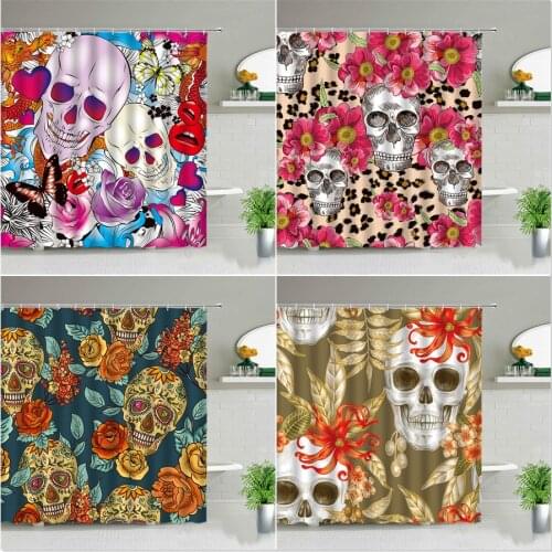 Halloween Flowers Skull Shower Curtains Horror Bathroom Decor Fun Day of the Dead Backdrop Wall Fabric Bathtub Screen With Hooks
