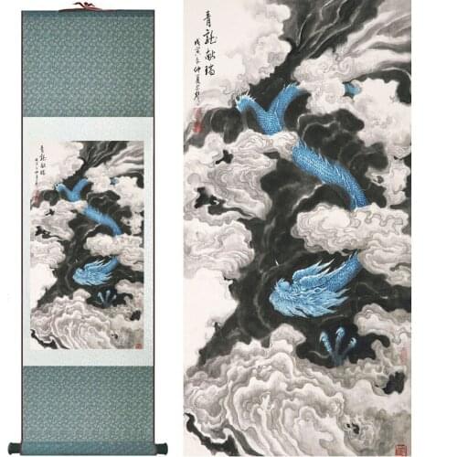 Top qualtiy Dragon painting Blue color dragon painting Chinese scroll painting dragon painting