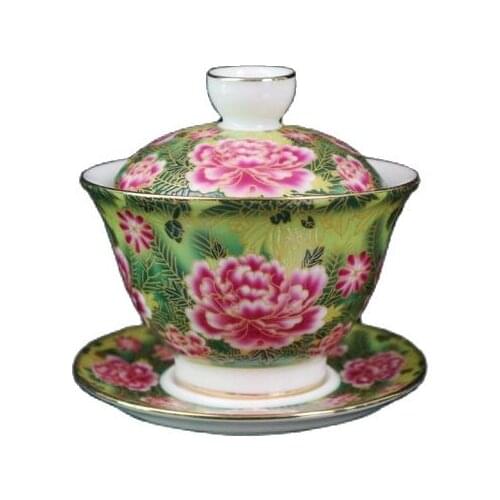 Chinese old porcelain Gaiwan with gold and pastel floral pattern Chinese Tea Bowl