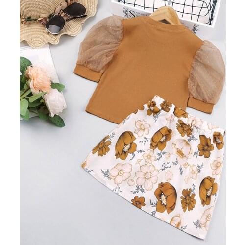 2021 Summer 1-6Y Kids Girls Boho Clothes Sets Polka Dot Lace Puff Sleeve T Shirts Tops Flowers Printed A-Line Skirts