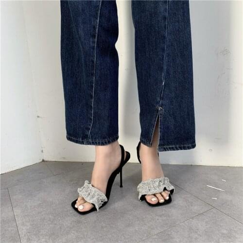 Fashion Women Sandals Open Toe Rhinestone Design Back Strap Thin High Heels Black Sandals Slingback Gladiator Party Sandals