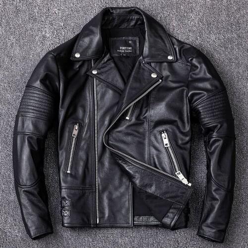 Classic Motorcycle Jackets Mens Leather Jacket 100% Natural Calfskin Embroidery maple leaf Thick Men Motor Black Leather Coat