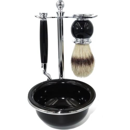 WLONG Natural Boar Bristle Beard Brush Shaving Kit with Soap Bowl Stand Holder and Germany 3-Blade Original Safety Razor