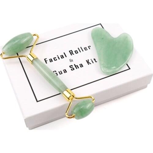 Jade Roller Heartshape Gua Sha Set Dongling Jade Rose Quartz Roller Massage Golden Holder Original Natural Jade Crystal