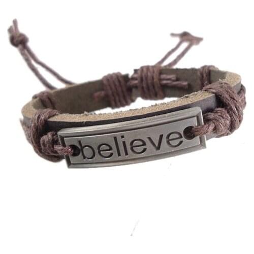 2015 new believe letters symbol charm handmade hemp rope genuine leather bracelet bangle men jewelry for women