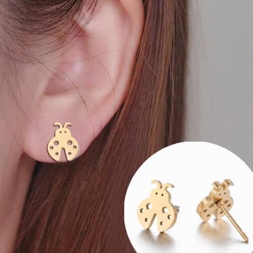 New Seven Star Ladybug Small Stud Earrings Cute Stainless Steel Gold Black Insect Girl Unusual Earrings Simple Jewelry Gift 2020