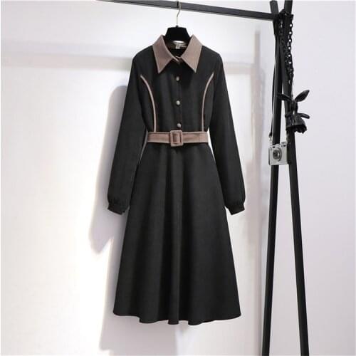 Autumn Winter Vintage Women Long Sleeve Corduroy Dress Big Size A-line Dress Elegant French Lady Sashes Dresses Vestidos WZ1302