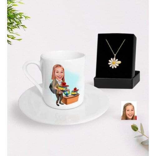 Personalized Women 'S Teacher Caricature Of Turkish Coffee cup And Is Daisy Necklace Gift set-4