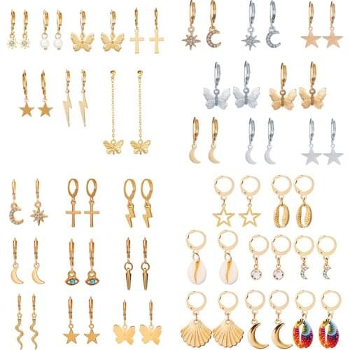 7/8/9 Pairs Trendy Gold Butterfly Earrings Set Rhinestone Cross Star Moon Pendants Small Hoop Huggie Earrings for Women Jewelry