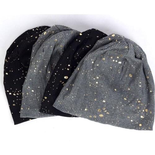 2019 Fashion Womens Splatter Paint Beanie Hat Metallic Color Ribbed Cotton Slouchy Beanies for Femme Bronzing Skullies