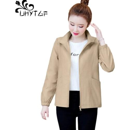 UHYTGF Casual Short Jacket Womens Long Sleeve Pockets Spring Autumn Coat Female Clothes Loose Plus Size Outerwear Thin Tops 1576