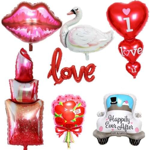 Wedding Birthday Party Anniversary Decoration Girl Lipstick Diamond Ring Lips Kiss Aluminum Foil Balloon Love Heart Rose Ball