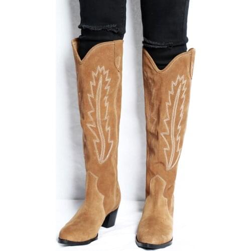 Western Black Brown Knee-high Boots Chunky Low Heel Pointed Toe Embroidered Suede Cowboy Boots Shoes For Woman Buty Damskie