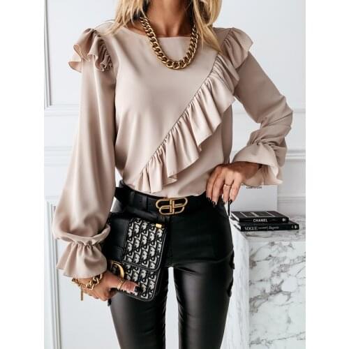 Womens Shirt Solid Color Ruffle Trim Tops Casual Long Sleeve Round Neck Plain Slim Fitting Tunics 2020 Newest Trendy