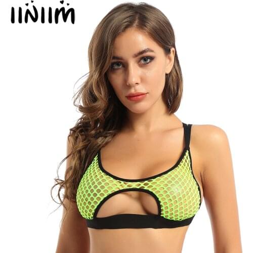 Iiniim Womens Hollow Out Fishnet Halter Neck Elastic Spaghetti Shoulder Straps Crisscross Back Cutout Underboob Vest Crop Tops