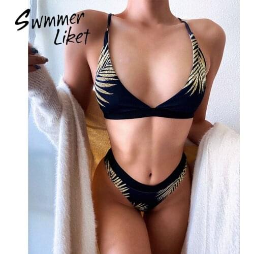 Leaf print swimsuit women Bandeau swimwear Triangle 2 piece suit Sexy string bathing suit female bathers swim suit beach wear