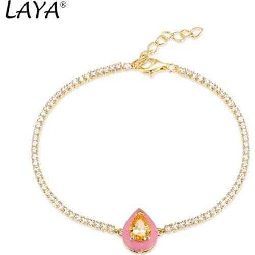 Laya Silver Bracelet For Women Pure 925 Sterling Silver Shiny White Cubic Zirconia Pink Enamel Fashion Jewelry Handmade Enamel