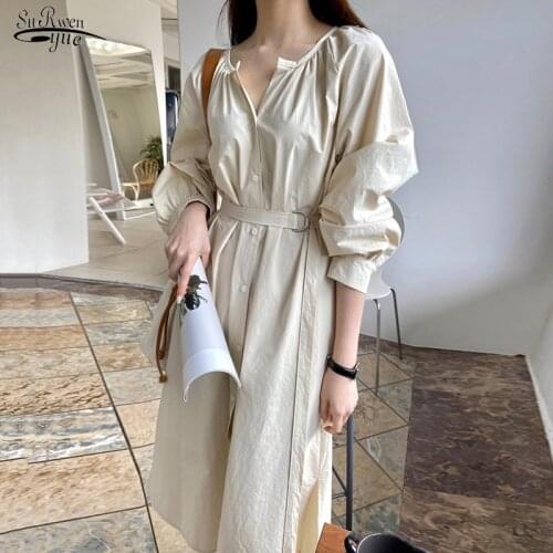 Spring Summer New Women Dresses Lace Up Casual Buttons Fashionable O-neck Vintage Oversize Long Dress Apricot Robe Femme 13285