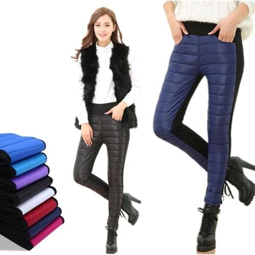 Winter Pants Women Duck Down Velvet High Waist Skinny Warm Formal Pants Female Black Elastic Waist Work Trousers Women FCX003