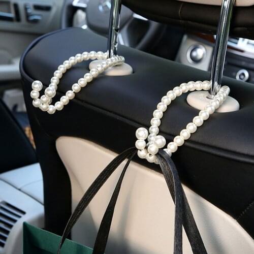 2 PCS Auto Hooks Stainless Steel Pearl Beads Back Seat Headrest Hanger Mobile Phone Holder Durable Bags Cloth Storage Hooks
