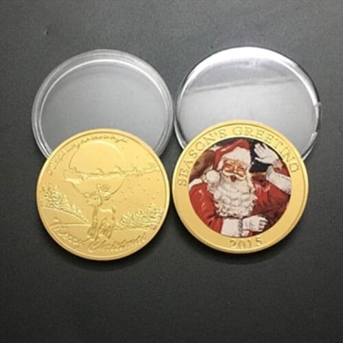 5 pcs The 2015 Santa Claus animal reindeer badge Christmas gift 24k real gold plated 40 mm souvenir coin