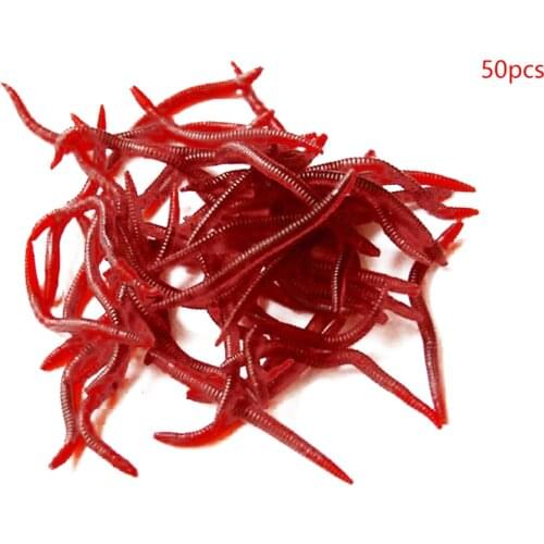50pcs/Lot Red Worm Lifelike Earthworm Soft Lure Fishing Silicone Artificial Bait Tackle Fishy Smell Shrimp Additive Bass Carp
