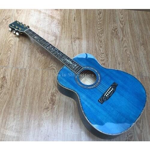 KSG transparent blue acoustic guitar quilted maple body acoustic elelctric guitar with all real ablaone free shipping guitar