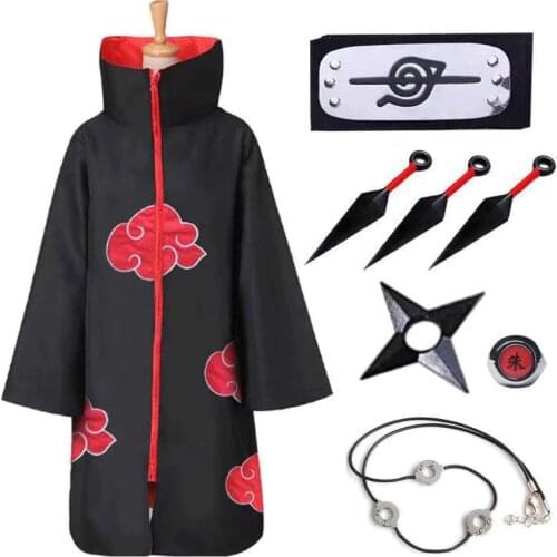 Akatsuki Uchiha Itachi Red Cloud Cloak Anime NARUTO Cosplay Costumes Halloween Coat Kimono Headband Necklace Kunai Shuriken Set
