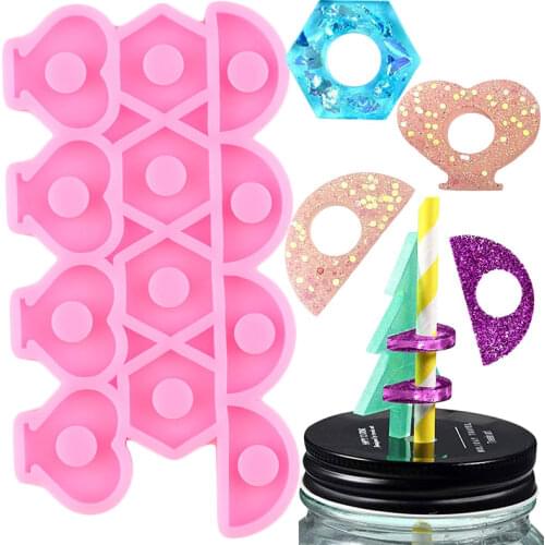 Shiny Glossy Straw Topper Attachments Silicone Mold Heart Semicircle Hexagon Jewelry Making Molds DIY Keychain Epoxy Resin Mould