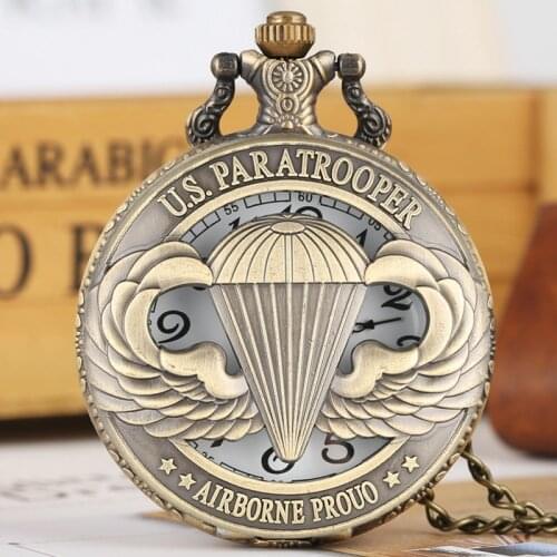 U.S. Paratrooper Pattern Hollow Bronze Quartz Pocket Watch Retro Necklace Pendant Clock Souvenir Clock Gifts Men Women