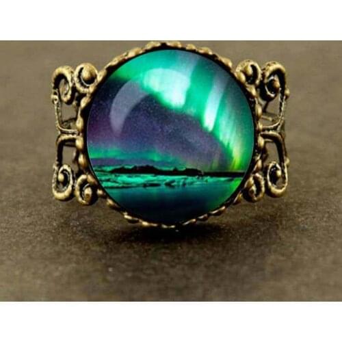 Steampunk Northern Lights Ring Northern Lights Glass Dome Ring men women gift free shipping 2017 1pcs/lot adjustable vintage