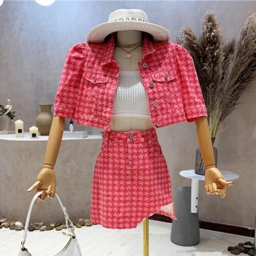 New Streetwear Houndstooth Denim Two Piece Set Women Short Jacket Coat + Skirts Sets Korean Sweet Crop Top Skirt 2 Piece Suits