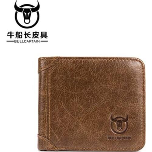 BULLCAPTAIN Men Vintage Leather Trifold Wallet Men Short Hasp Wallet Casual Male Zipper Wallets Card Holder Money Bag Coin Purse