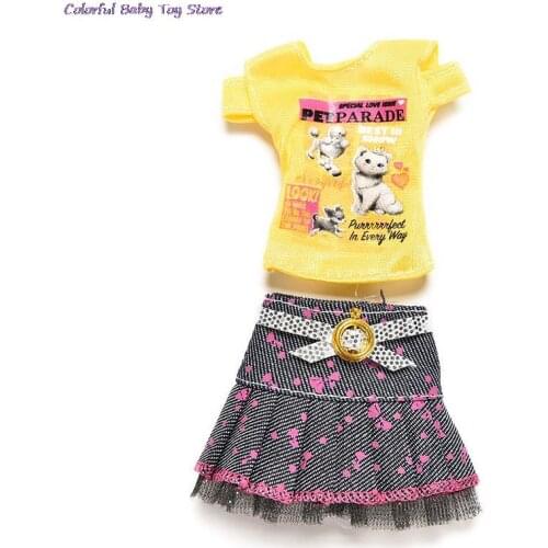 Fashion Cartoon Doll Skirt Cat Print T-Shirt Suits Party Clothes For Dolls Kids Toy Gift For Girls Toys Access High Quality