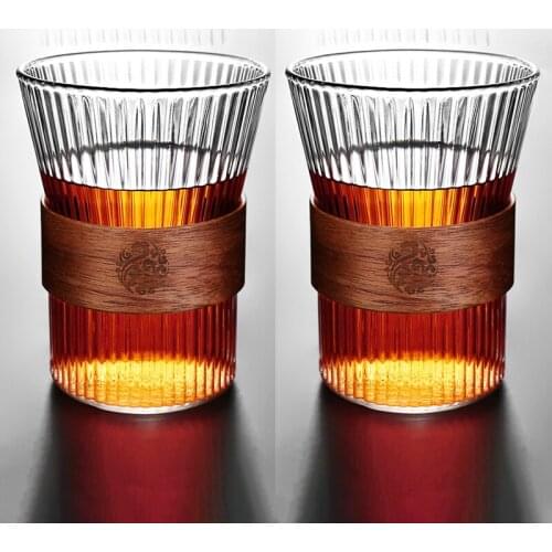 Set of 2 Textured Glass Japanese Morning Tea Cup with Wooden Insulated Sleeve High Grade Hot Coffee Mug Nice Gift