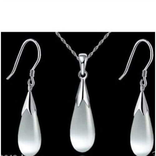 New hot set 925Sterling Silver White Opal Drop Stone Pendant Necklace Earrings