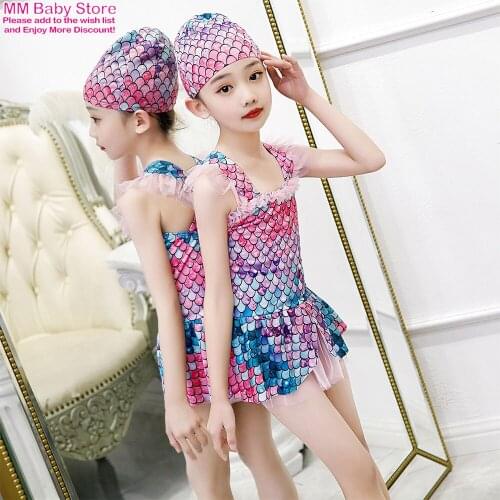 Mermaid Little Princess Swimsuit Baby Girls Swimwear One Piece Girls With Hat Children Swimwear Kids Beach Wear Bathing Suit