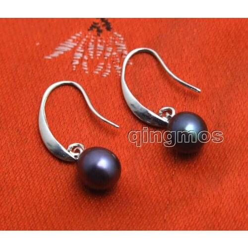 Qingmos 7-9mm Black Drop Natural Freshwater Pearl Earring dangle Hook -ear534 Free Shipping