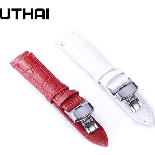 UTHAI B08 High Quality Woman Genuine Leather Watchbands 12-20mm Watch Butterfly buckle Band Steel Buckle Strap Wrist