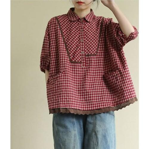 Plaid Cotton Shirt Women Summer Loose Casual Short Sleeve Korean Style Vintage Turn-down Collar Pocket Female Lace Camisas Mujer
