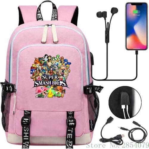 Hot Game Super Smash Bros USB Backpack Laptop Bags Fashion Men Women Outdoor Travel Shoulder Bags Boys Girls Schoolbag Bookbag