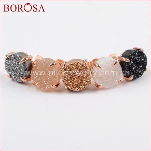 BOROSA Mix Colors 10mm Round Rose Gold Claw Titanium Multi-color Drusy Stone Geode Natural Druzy Stud Earrings for Women ZG0132