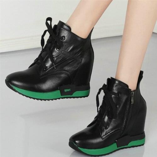 High Heel Pumps Shoes Women Lace Up Genuine Leather Wedges Ankle Boots Female High Top Round Toe Fashion Sneakers Casual Shoes