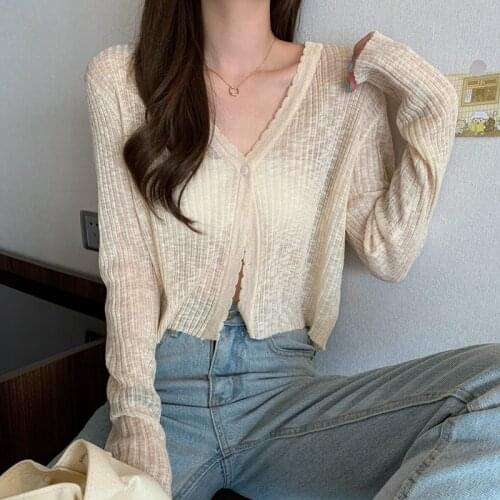 Spring Autumn New Korean Fashion Casual Cropped Long Sleeve Solid Thin Cardigan All Match Women Clothing Sweater Knitted Tops