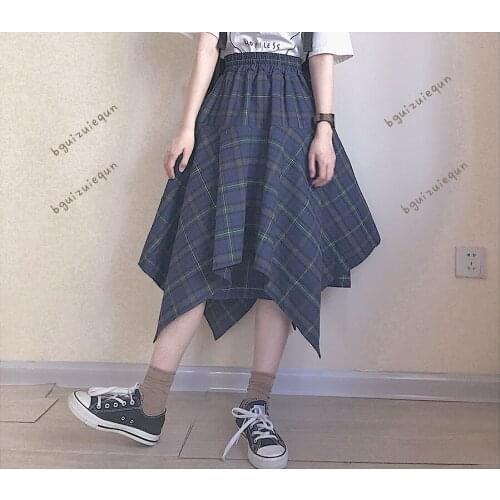 Japanese Harajuku Punk Plaid Checks Asymmetrical Hem Summer Skirt Big Bow Cool Womens Long Skirt Color Dark Green