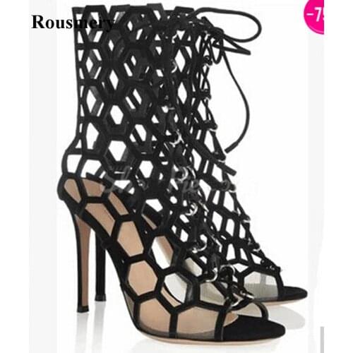 2017 New Design Women Fashion Open Toe Cut-out Mesh High Heel Sandals Suede Leather Super High Gladiator Sandals Dress Shoes