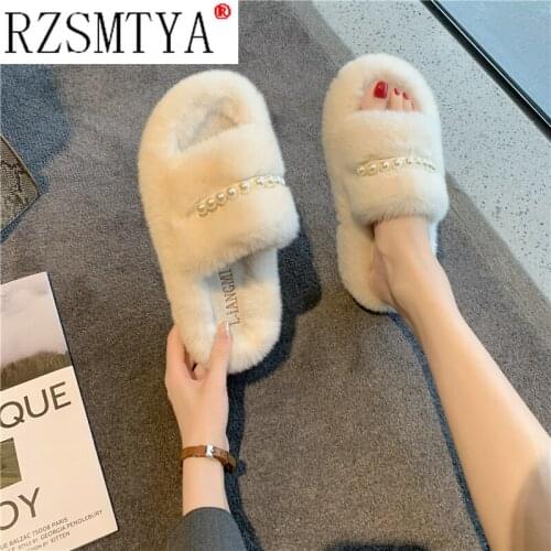 2021 New Women Slippers Furry Fluffy Flat Shoes Winter Home Slippers Fashion Comfortable Slip on Lazy Thick Fur Slides