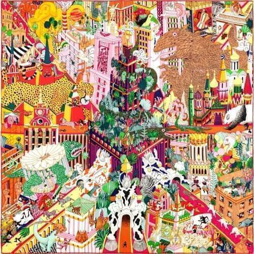 2021 New Handmade curled silk scarf womens 90cm twill silk square Animal Park printed silk scarf shawl Headband