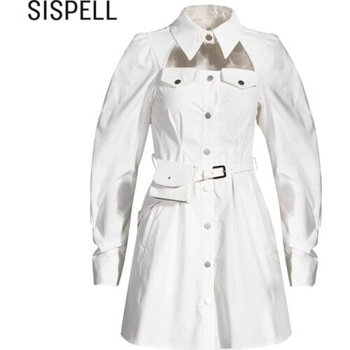 SISPELL Hollow Out Dresses For Girls Lapel Collar Long Sleeve High Waist With Belt Slimming Womens Elegant Dress Fashion New