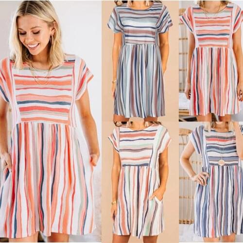 Summer Women Dress For 2021 Short Sleeve Striped Plaid Contrast Color Print Casual Beach Style OL Daily Female Vestido C2711